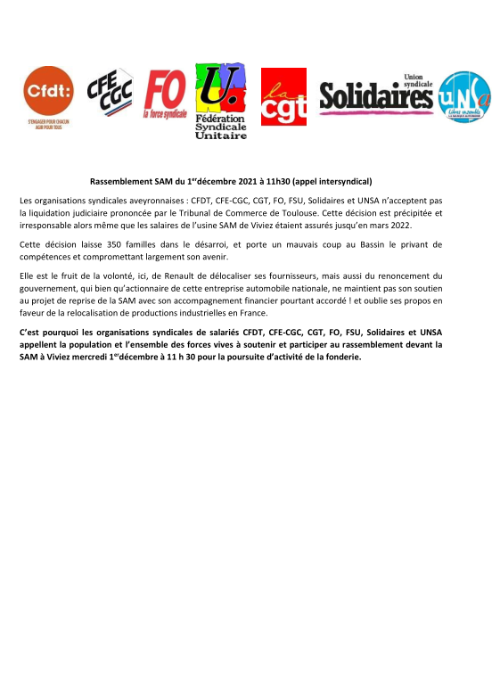 Rassemblement SAM du 1erdécembre 2021 à 11h30 (appel intersyndical)