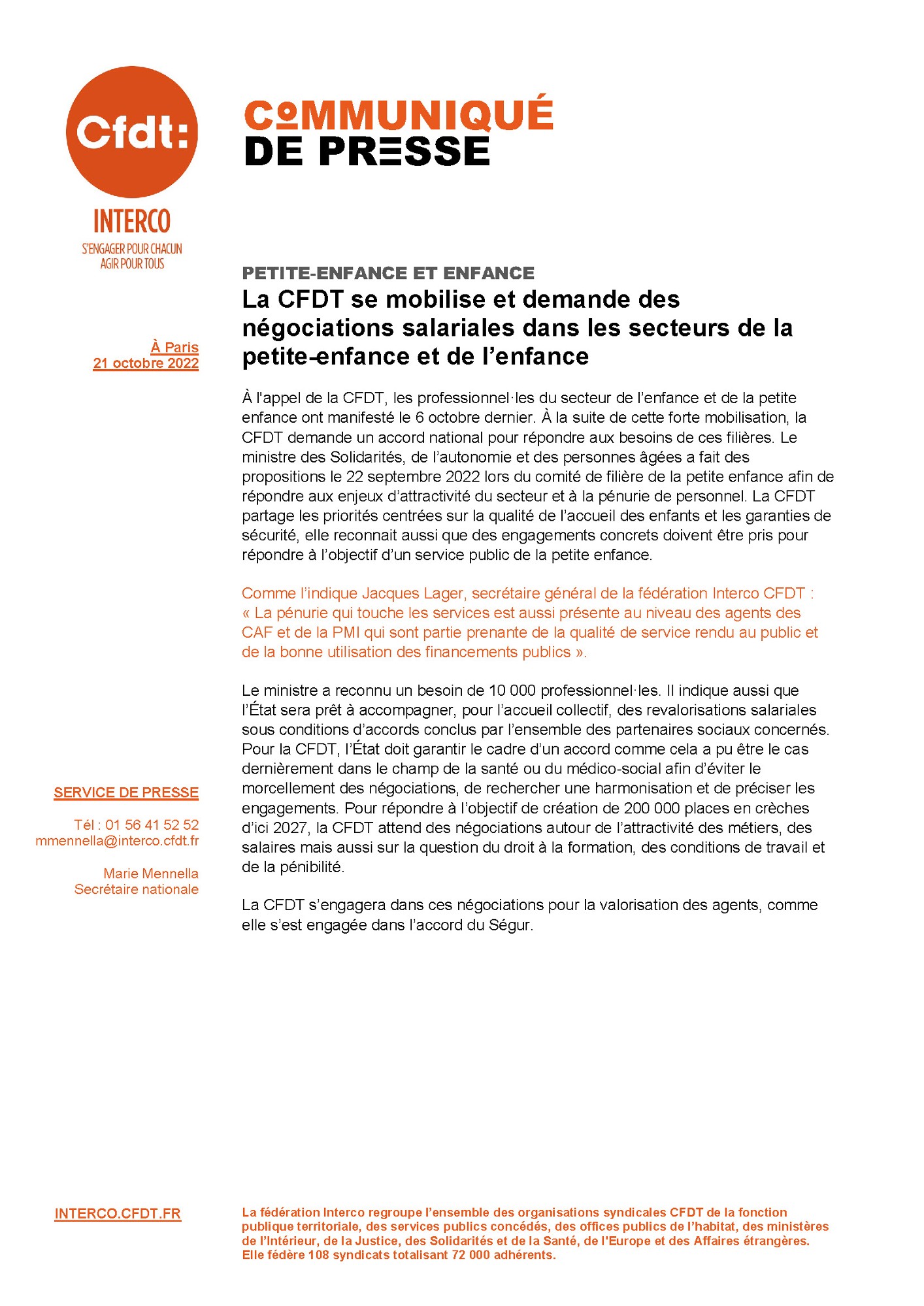 La CFDT se mobilise et demande des négociations salariales dans les secteurs de la petite-enfance et de l’enfance