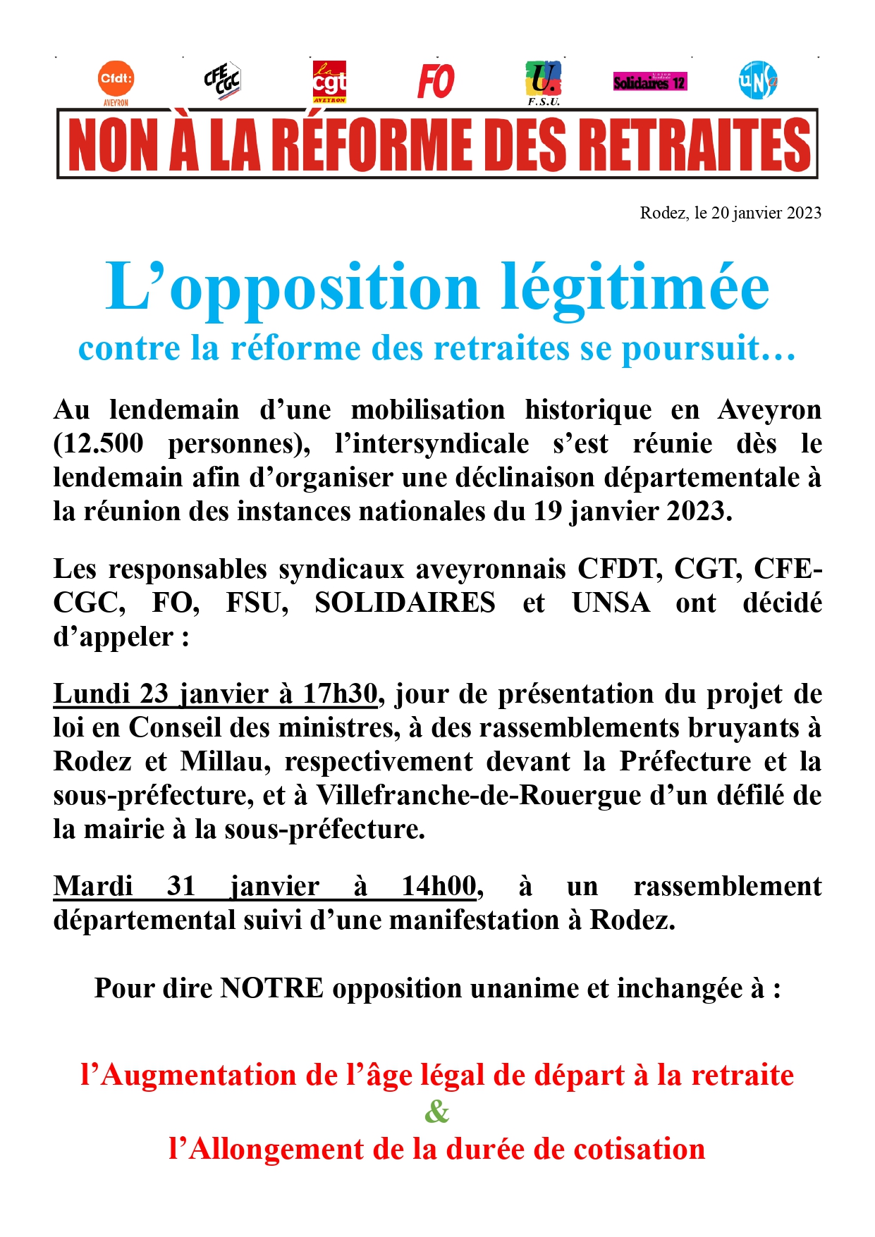 Futurs mobilisations contre la réforme des retraites en Aveyron