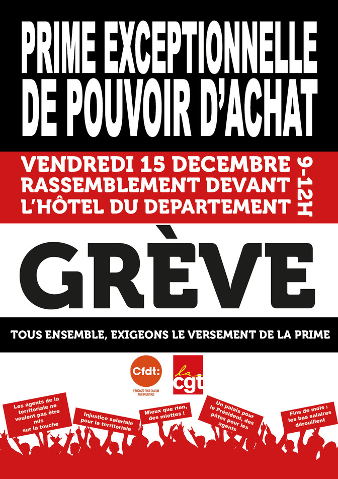 Affiche grève Prime exceptionnelle de Pouvoir d'achat au Département de l'Aveyron